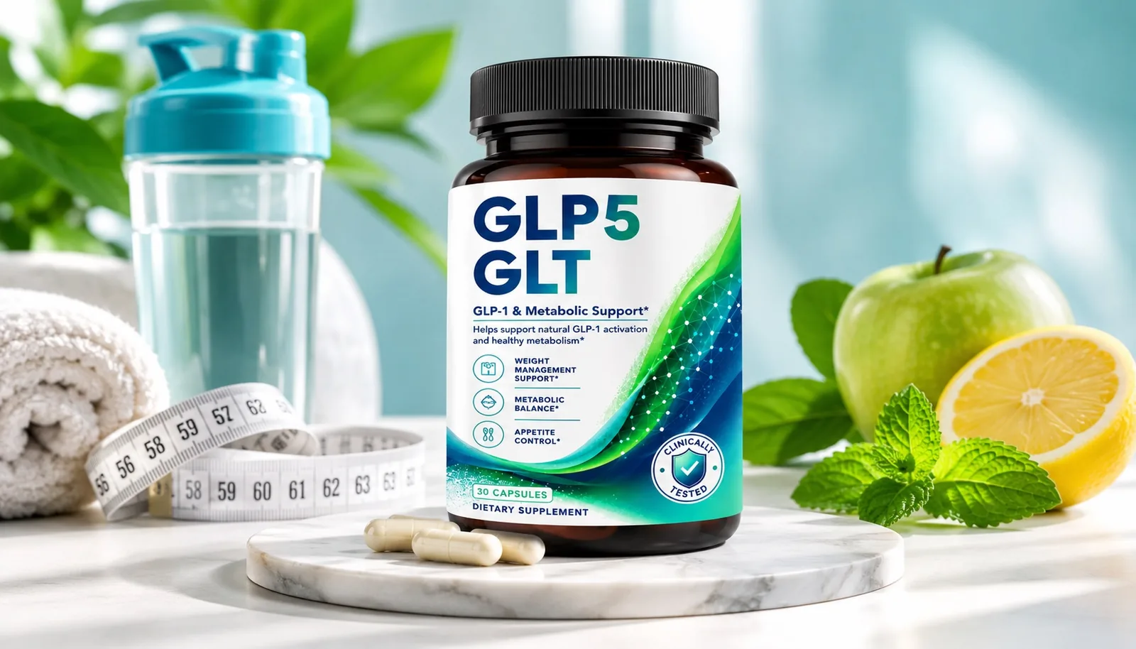 Flacon de GLP5 GLT posé sur un plateau en marbre avec des capsules, un verre d'eau et des fruits