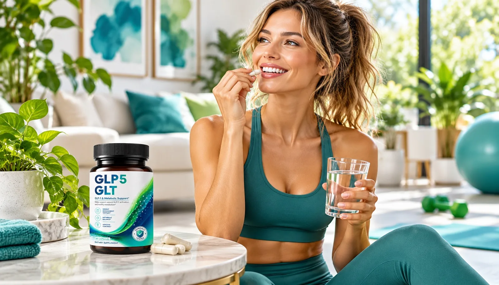 Femme souriante prenant une capsule de GLP5 GLT dans un intérieur lumineux